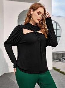 Mulvari Áo thun Plus size Cắt ra xoắn lại màu trơn Giải trí - màu đen - Xem 5