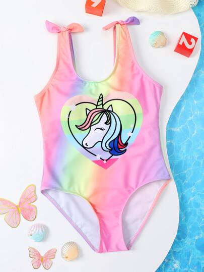 女孩卡通獨角獸漸層連體泳衣