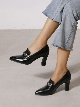 Minimalist Pointed Toe Work Pumps, New Versatile Professional Leather Chunky Heels For Women, Suitable For Spring And Autumn