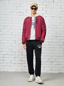 Manfinity Homme Hombres Cazadora con estampado de letra de manga fruncido - Burdeos - Ver 4