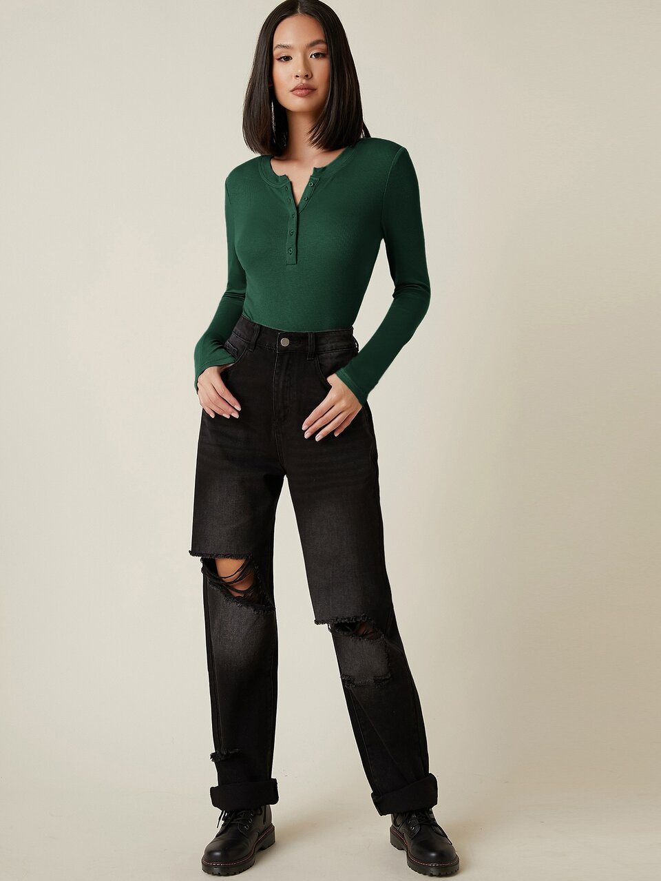 Button Half Placket Rib-knit Tee