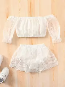 Baby Girl Off Shoulder Flounce Sleeve Floral Embroidery Mesh Top & Skort - White - View 1