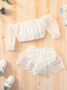 Baby Girl Off Shoulder Flounce Sleeve Floral Embroidery Mesh Top & Skort - White - View 2
