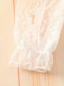 Baby Girl Off Shoulder Flounce Sleeve Floral Embroidery Mesh Top & Skort - White - View 3