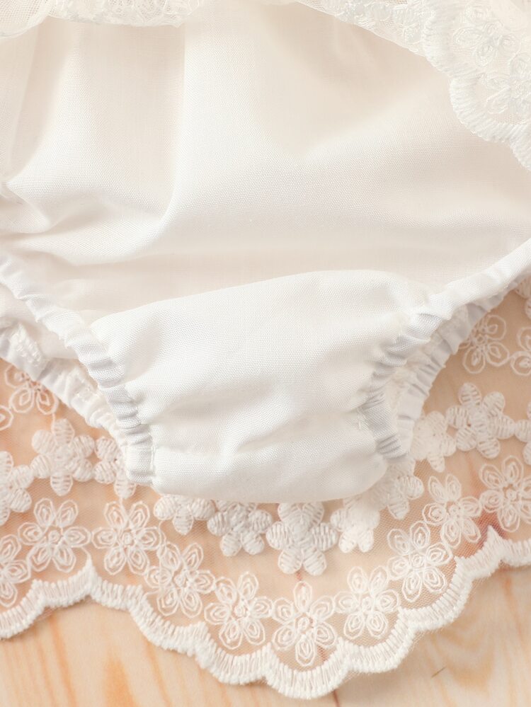 嬰兒女孩露肩波浪袖花卉刺繡網紗上衣和短裙 - 白色 - 查看 4