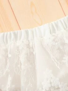 Baby Girl Off Shoulder Flounce Sleeve Floral Embroidery Mesh Top & Skort - White - View 5