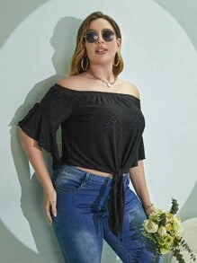 Plus Off Shoulder Knot Hem Schiffy Tee - Black - View 1