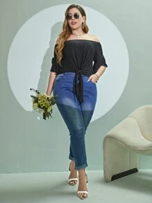 Plus Off Shoulder Knot Hem Schiffy Tee - Black - View 3