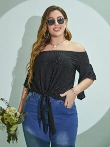 Plus Off Shoulder Knot Hem Schiffy Tee - Black - View 4
