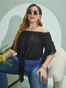 Plus Off Shoulder Knot Hem Schiffy Tee - Black - View 5