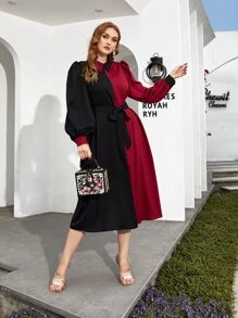 SHEIN Clasi 大碼撞色腰帶燈籠袖洋裝 - 彩色 - 查看 1