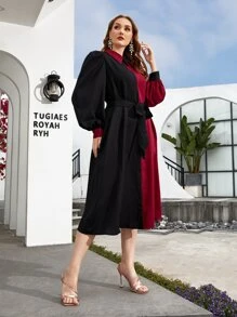 SHEIN Clasi 大碼撞色腰帶燈籠袖洋裝 - 彩色 - 查看 3