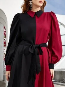 SHEIN Clasi 大碼撞色腰帶燈籠袖洋裝 - 彩色 - 查看 4