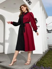 SHEIN Clasi 大碼撞色腰帶燈籠袖洋裝 - 彩色 - 查看 5