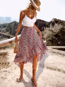 Breezaya Ditsy Floral Print Ruffle Trim Wrap Belted Skirt - Multicolor - View 1