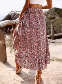 Breezaya Ditsy Floral Print Ruffle Trim Wrap Belted Skirt - Multicolor - View 2