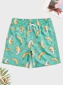 Manfinity Men Random Banana Print Drawstring Waist Swim Trunks - Green - View 1