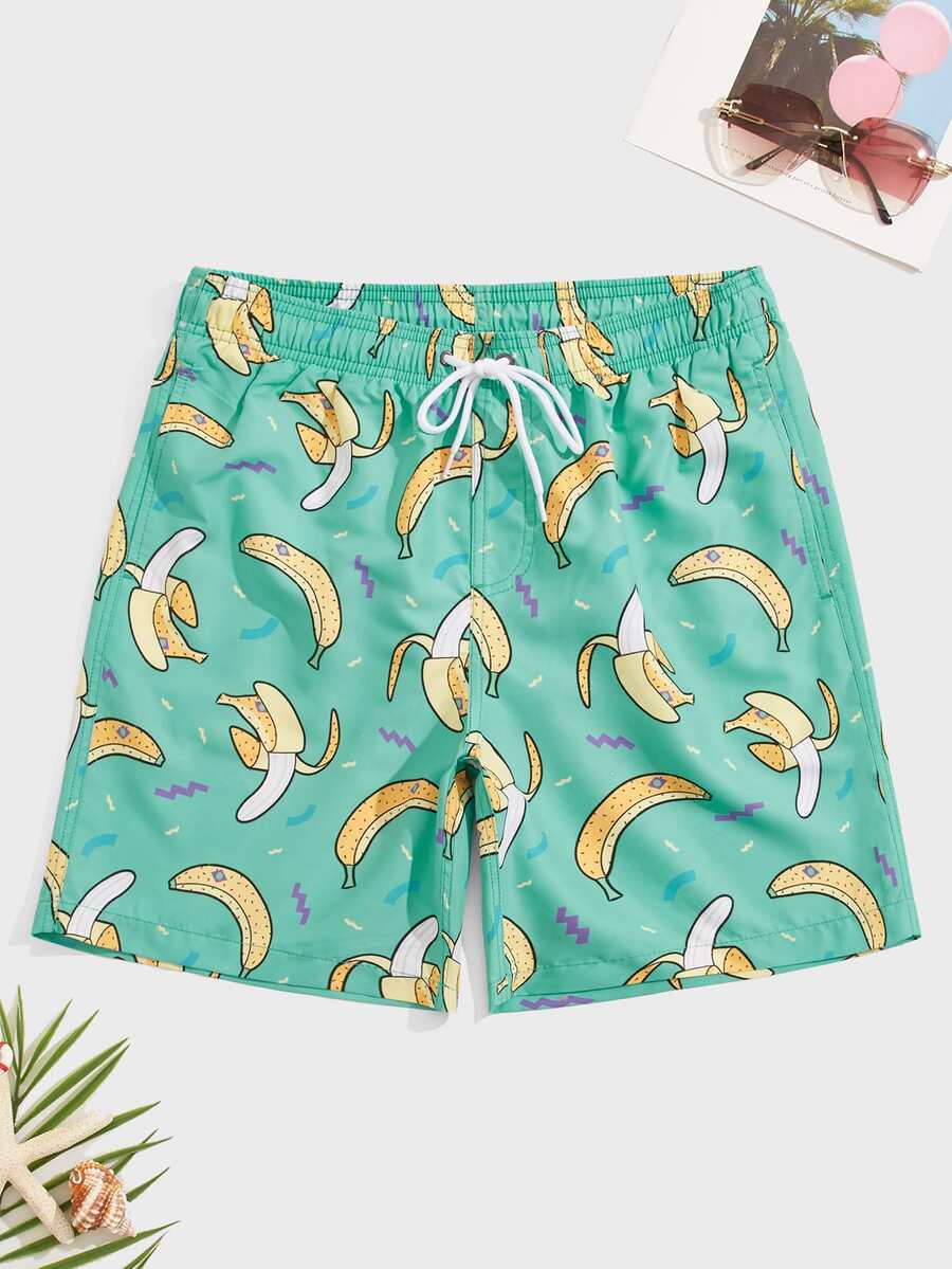 Manfinity Men Random Banana Print Drawstring Waist Swim Trunks - Green - View 1