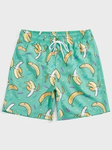 Manfinity Men Random Banana Print Drawstring Waist Swim Trunks - Green - View 3