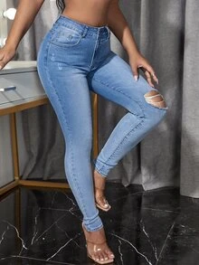 SHEIN SXY 高腰破洞牛仔褲 - 中等水洗藍 - 查看 3