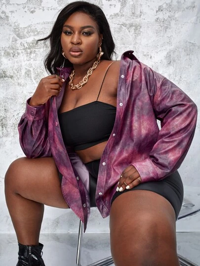 SHEIN Abrigo de piel sintética con teñido anudado de hombros caídos en talla grande para otoño/invierno