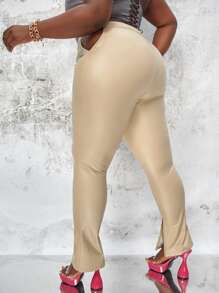 SHEIN Plus Cut Out Slit Hem PU Leather Pants - Khaki - View 2