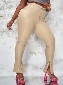 SHEIN Plus Cut Out Slit Hem PU Leather Pants - Khaki - View 3