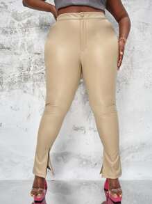 SHEIN Plus Cut Out Slit Hem PU Leather Pants - Khaki - View 4