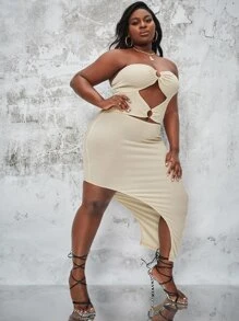 SHEIN Đầm Plus Size Cắt ra Nhẫn Gân đan Tách cao màu trơn Gợi cảm - Màu be - Xem 1