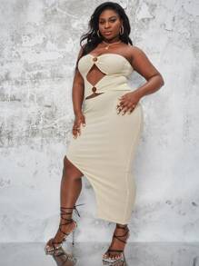 SHEIN Đầm Plus Size Cắt ra Nhẫn Gân đan Tách cao màu trơn Gợi cảm - Màu be - Xem 5
