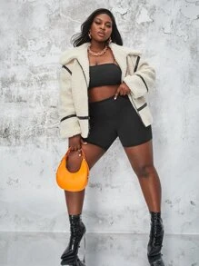 SHEIN áo khoác kích thước lớn Dây kéo Tương phản ràng buộc màu trơn Giải trí - Màu be - Xem 1