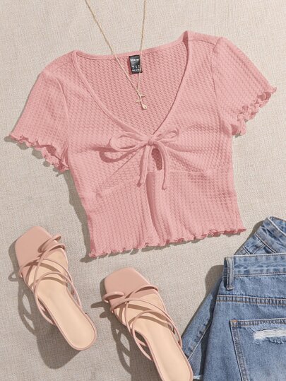 SHEIN EZwear 萵苣邊修邊編結前扭紋織波浪邊v領短袖t恤