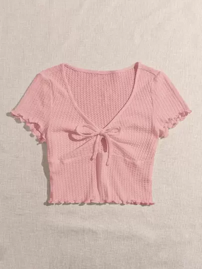SHEIN EZwear 萵苣邊修邊編結前扭紋織波浪邊v領短袖t恤