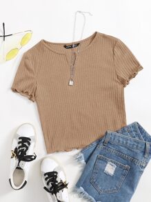 SHEIN EZwear 素色生菜邊羅紋針織T恤 - 卡其色 - 查看 1