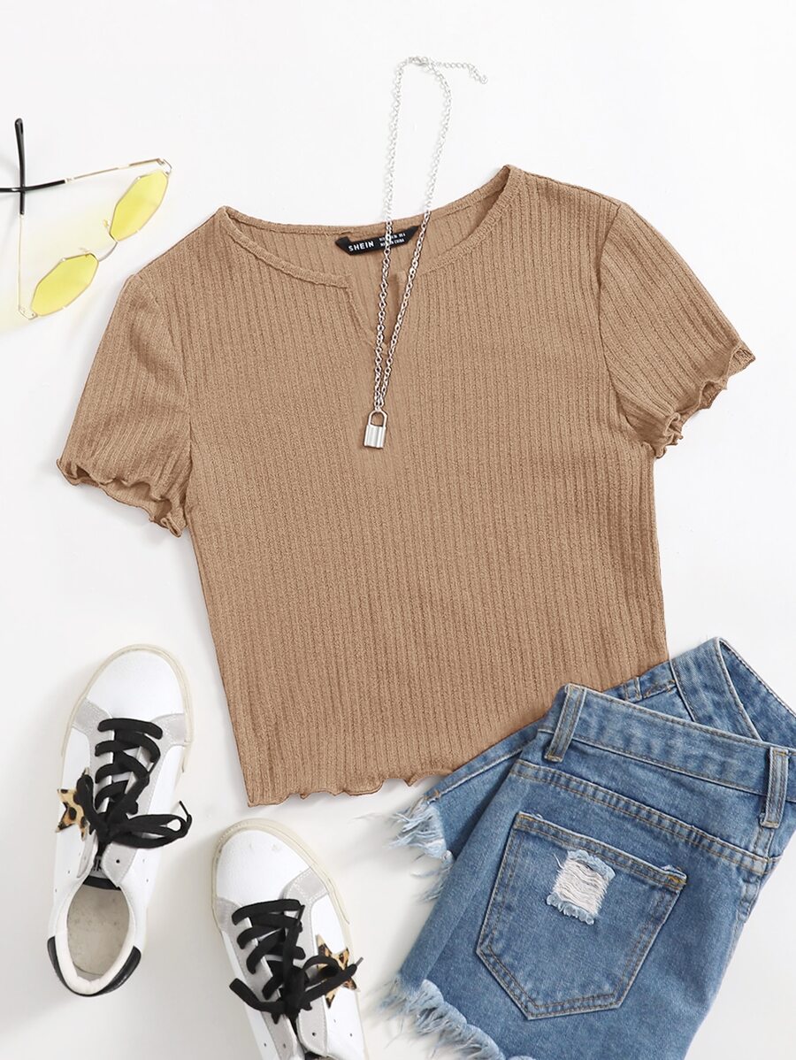 SHEIN EZwear 素色生菜邊羅紋針織T恤 - 卡其色 - 查看 1