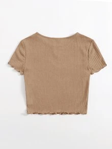 SHEIN EZwear 素色生菜邊羅紋針織T恤 - 卡其色 - 查看 2