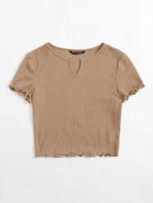 SHEIN EZwear 素色生菜邊羅紋針織T恤 - 卡其色 - 查看 3