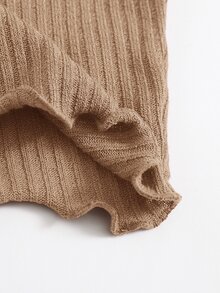 SHEIN EZwear 素色生菜邊羅紋針織T恤 - 卡其色 - 查看 4