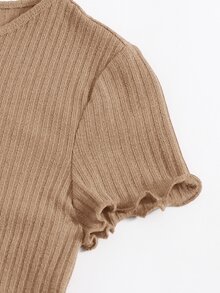 SHEIN EZwear 素色生菜邊羅紋針織T恤 - 卡其色 - 查看 5