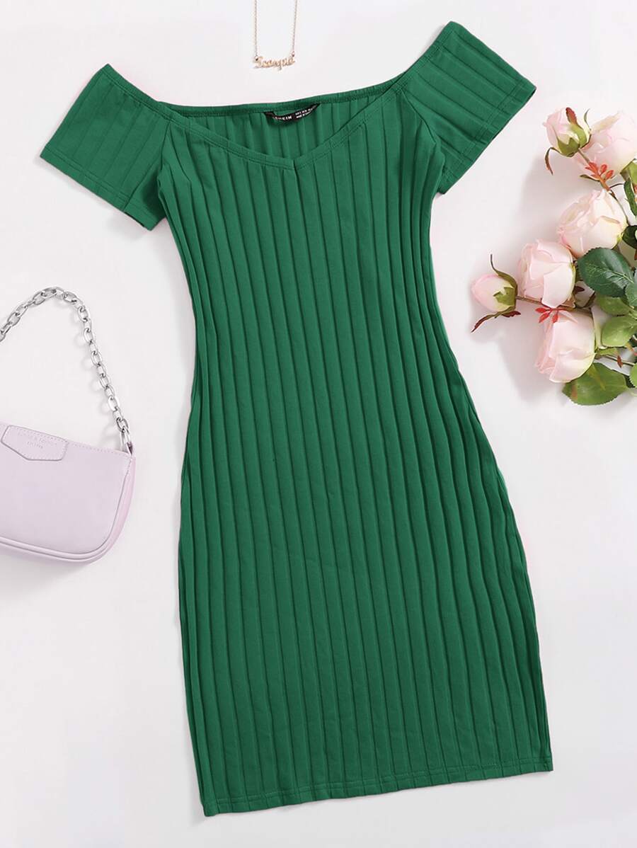 Muchica Off Shoulder Rib-knit Bodycon Dress - Green - View 1