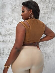 SHEIN Plus Lace Up Front Corduroy Tank Top - Brown - View 2