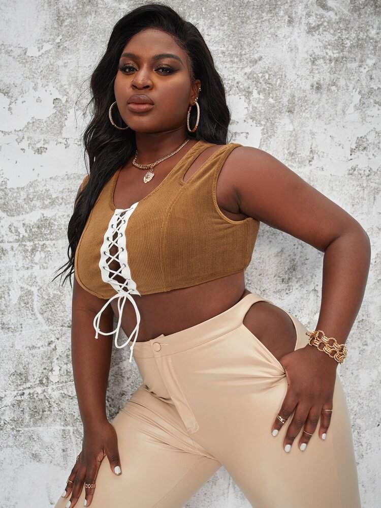 SHEIN 大碼前繫帶燈芯絨背心上衣 - 棕色 - 查看 3