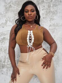 SHEIN Plus Lace Up Front Corduroy Tank Top - Brown - View 4