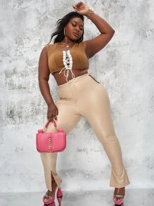 SHEIN Plus Lace Up Front Corduroy Tank Top - Brown - View 5