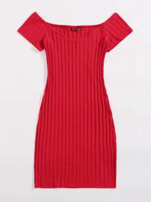 Muchica Neon Red Off Shoulder Rib-knit Bodycon Dress - Red - View 3