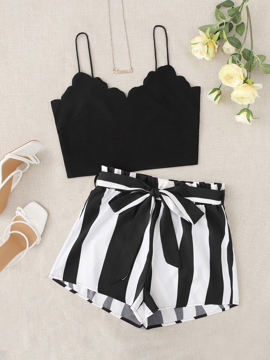 SHEIN VCAY Bộ đồ hai mảnh nữ Thắt lưng Sò điệp Quần paper-bag Sọc Boho - Đen và trắng - Xem 1