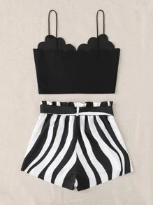 SHEIN VCAY Bộ đồ hai mảnh nữ Thắt lưng Sò điệp Quần paper-bag Sọc Boho - Đen và trắng - Xem 2