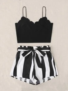 SHEIN VCAY Bộ đồ hai mảnh nữ Thắt lưng Sò điệp Quần paper-bag Sọc Boho - Đen và trắng - Xem 4