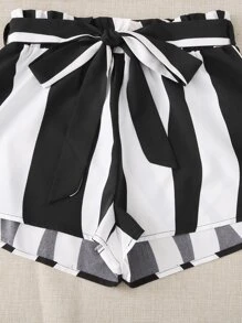 SHEIN VCAY Bộ đồ hai mảnh nữ Thắt lưng Sò điệp Quần paper-bag Sọc Boho - Đen và trắng - Xem 5