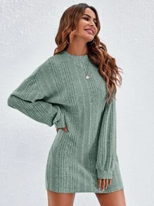 SHEIN LUNE Đầm Gân đan màu trơn Giải trí - Màu xanh Bạc hà - Xem 1